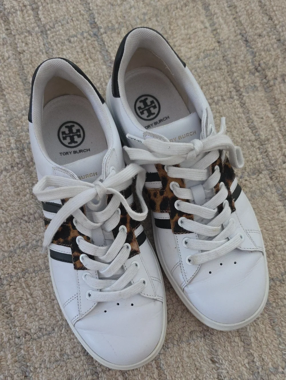Tory Burch White Leather Sneakers with Leopard Print and Black Trim
